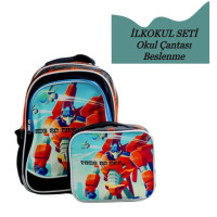 Sentor Robot Desenli Siyah 3 Bölmeli İlkokul Sırt ve Beslenme Çantası Seti