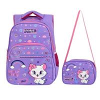 Waddell Yarasa Eflatun Kedi Desenli 3 Bölmeli İlkokul Sırt ve Beslenme Çantası Seti