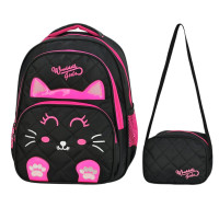Waddell Yarasa Siyah Kapitone Kedi Desenli 3 Bölmeli İlkokul Sırt ve Beslenme Çantası Seti