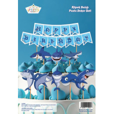 Köpekbalığı Temalı Özel Kesim Pasta Dekor Seti - Shark Party Doğum Günü Süslemesi
